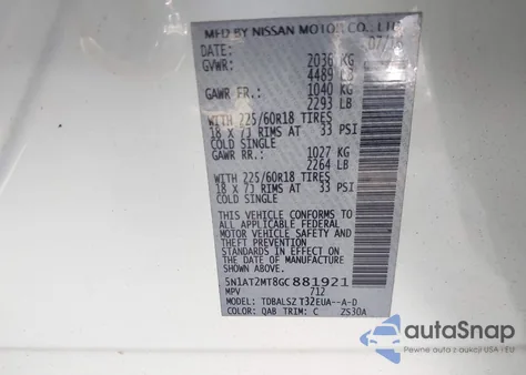 2016 Nissan Rogue Sl z USA, uszkodzony, nr VIN 5N1AT2MT8GC881921